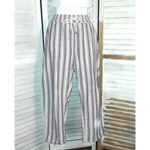 Style Me Women's Pants Size L Linen-Blend Blue Coastal Striped Wide Leg Beachy
